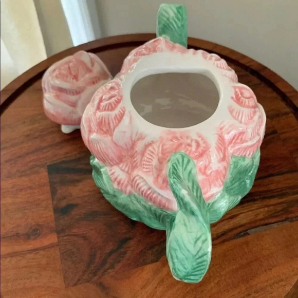 Peggy Jo Ackley Vintage Rose Teapot Pink Green Floral Ceramic Cottage core EUC - Picture 6 of 7